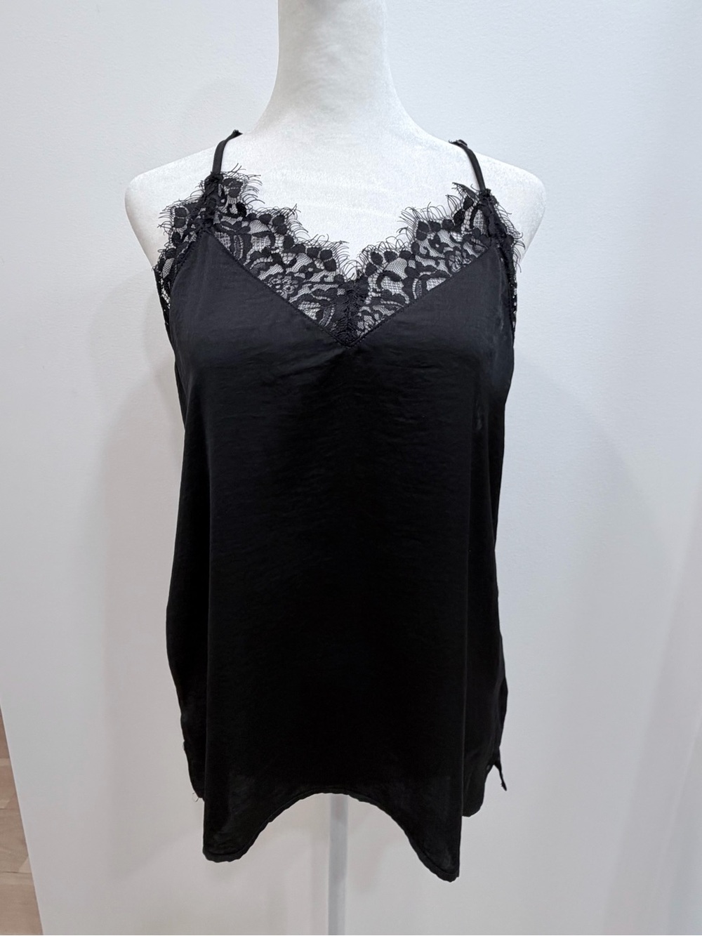 Allison Joy Black Lace V-Neck Satin Racerback  Camisole Tank Top - Size Small